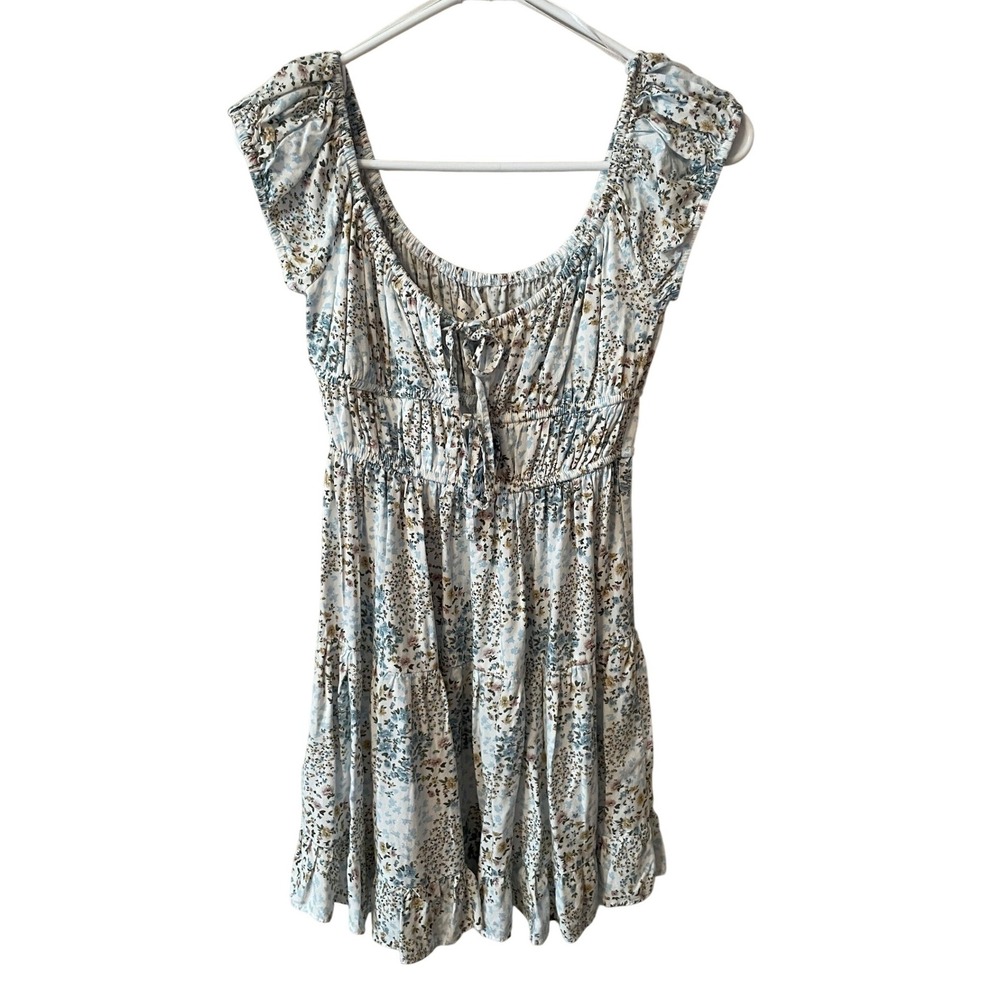 Aeropostale Floral Mini Dress Blue White Smocked Waist Ruffle Tiered Womens S